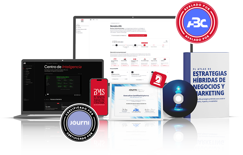 Componentes del programa BMS: dashboards, certificado, diploma, atlas de estrategias y avales